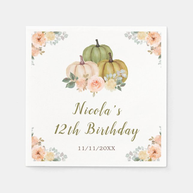 Sage Green and Peach Floral Pumpkins Birthday Napkins (Front)
