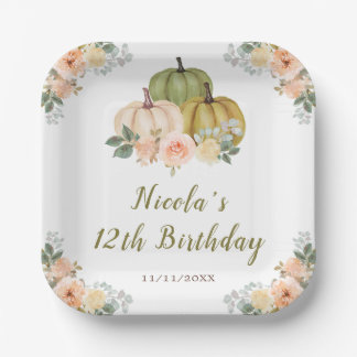 Sage Green and Peach Floral Pumpkins Birthday Paper Plates