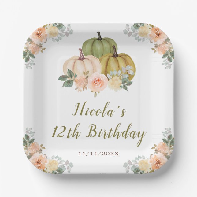 Sage Green and Peach Floral Pumpkins Birthday Paper Plates (Front)