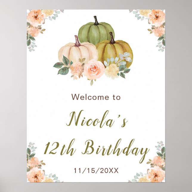 Sage Green and Peach Floral Pumpkins Birthday Poster (Front)