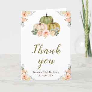 Sage Green and Peach Floral Pumpkins Birthday Thank You Card