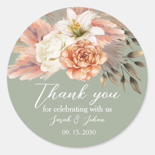 Sage Green and Peach Floral Wedding Thank You Classic Round Sticker