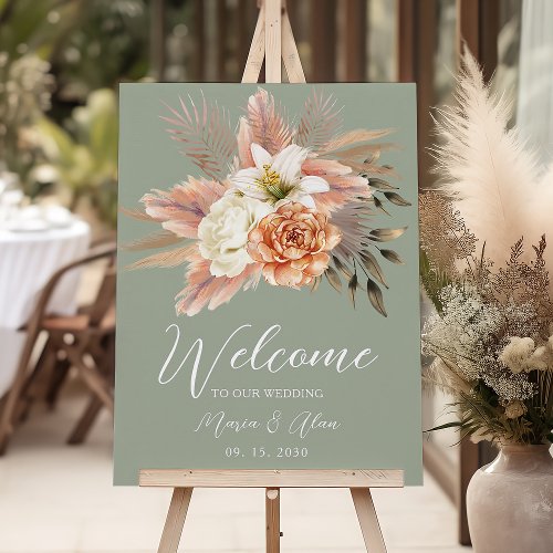 Sage Green and Peach Floral Wedding Welcome Poster
