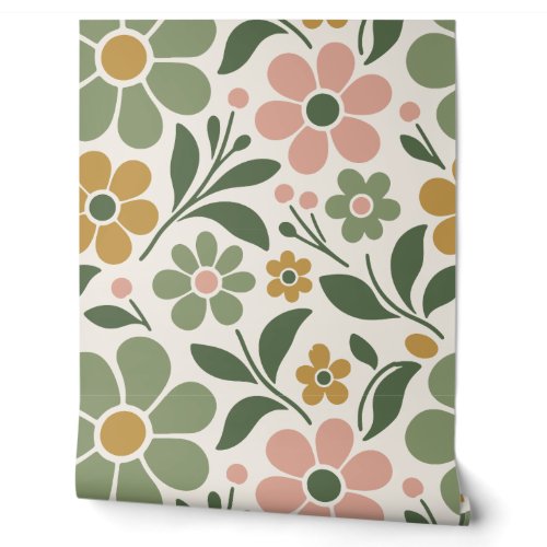 Sage Green and Peach Groovy 70s Flower Wallpaper