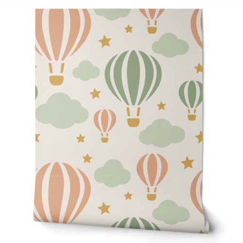 Sage Green and Peach Hot Air Balloon Nursery Wallpaper