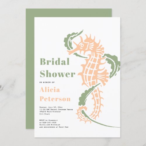 Sage green and peach seahorse beach bridal shower invitation
