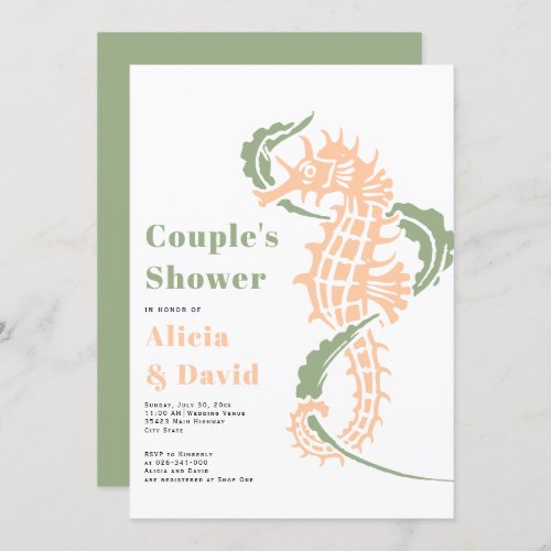 Sage green and peach seahorse beach couples shower invitation