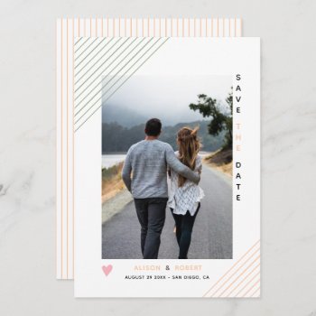 Sage Green And Peach Stripes Geometric Photo Save The Date by weddings_ at Zazzle