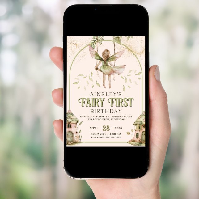 Sage Green and Pink Fairy First Arch 1st Birthday Invitation (Front Digital)