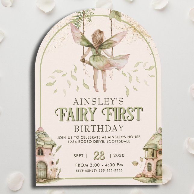 Sage Green and Pink Fairy First Arch 1st Birthday Invitation (Creator Uploaded)