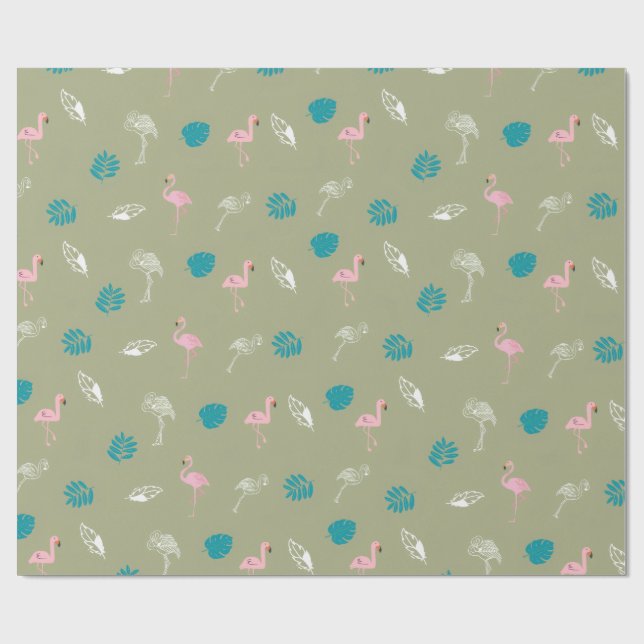 Sage Green and Pink Flamingo Wrapping Paper (Flat)