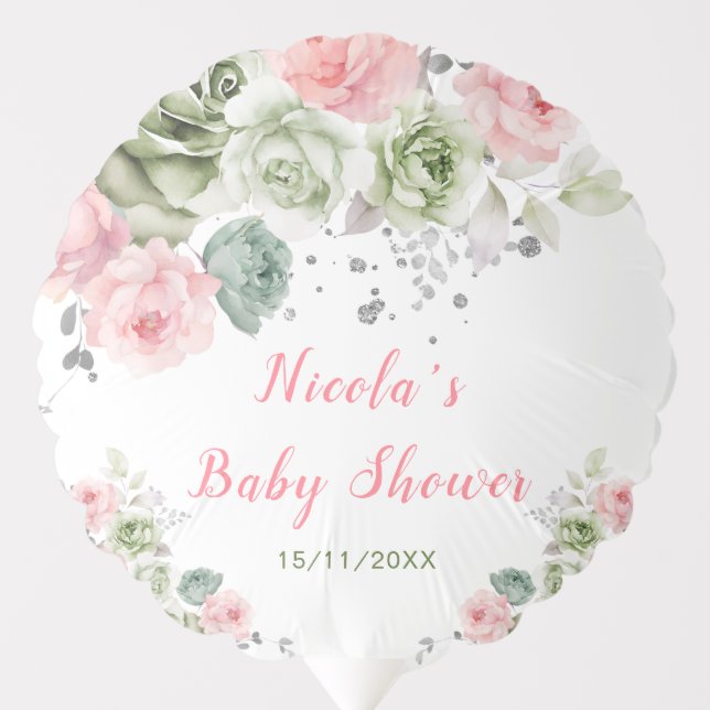 Sage Green and Pink Floral Baby Shower Balloon (Front)