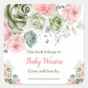 Sage Green and Pink Floral Baby Shower Bookplate