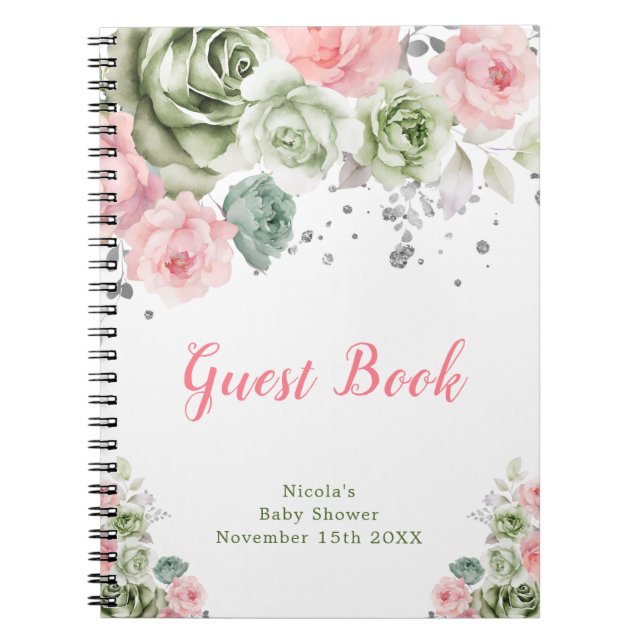 Sage Green and Pink Floral Baby Shower Guest Book (Front)
