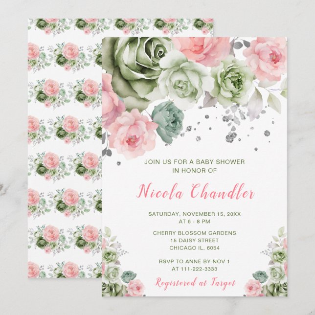 Sage Green and Pink Floral Baby Shower Invitation (Front/Back)