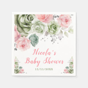 Sage Green and Pink Floral Baby Shower Napkins