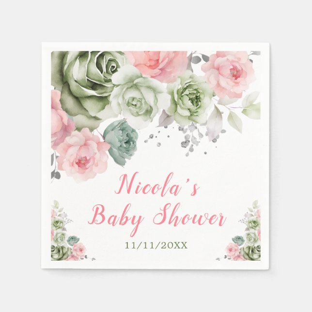 Sage Green and Pink Floral Baby Shower Napkins (Front)