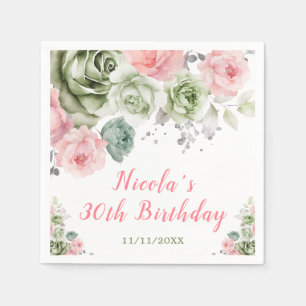 Sage Green and Pink Floral Birthday Napkins