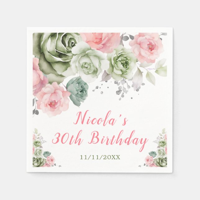 Sage Green and Pink Floral Birthday Napkins (Front)