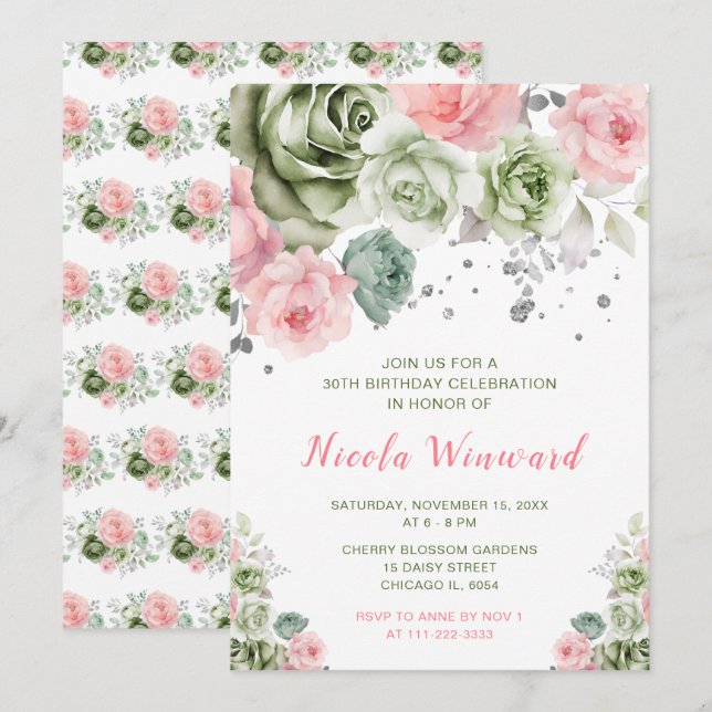 Sage Green and Pink Floral Birthday Party Invitation (Front/Back)