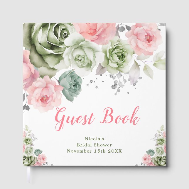 Sage Green and Pink Floral Bridal Shower Guest Book (Front)