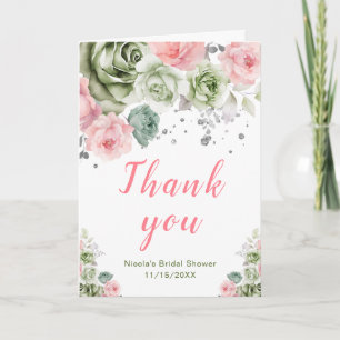 Sage Green and Pink Floral Bridal Shower Letterpress Thank You Card