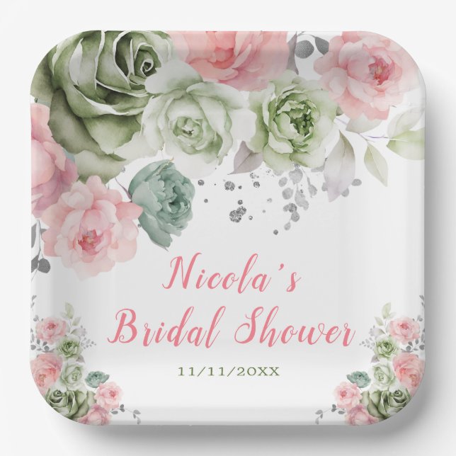 Sage Green and Pink Floral Bridal Shower Paper Plates (Front)
