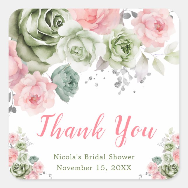 Sage Green and Pink Floral Bridal Shower Square Sticker (Front)