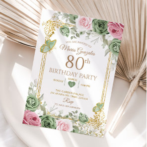 Sage Green and Pink Floral Butterfly 80th Birthday Invitation