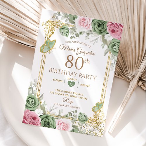 Sage Green and Pink Floral Butterfly 80th Birthday
