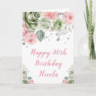 Sage Green and Pink Floral Happy Birthday Card