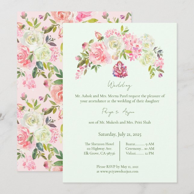Sage Green and Pink Floral Hindu Ganesh Wedding Invitation (Front/Back)