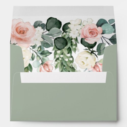 Sage Green and Pink Floral Rose Watercolor Wedding Envelope
