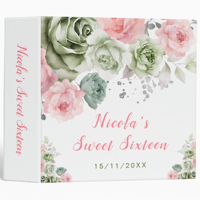 Sage Green and Pink Floral Sweet Sixteen 3 Ring Binder (Front/Spine)