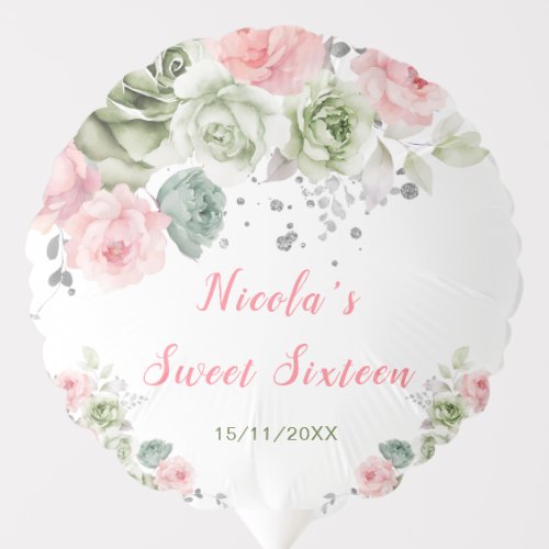Sage Green and Pink Floral Sweet Sixteen Balloon