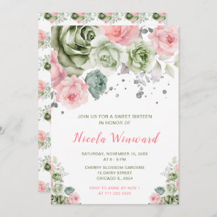 Sage Green and Pink Floral Sweet Sixteen Invitation