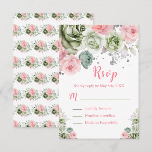 Sage Green and Pink Floral Sweet Sixteen RSVP Card