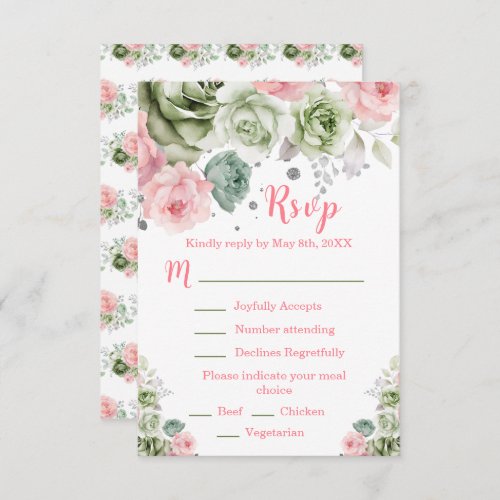Sage Green and Pink Floral Sweet Sixteen RSVP Card