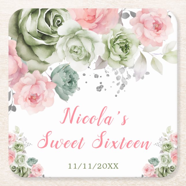 Sage Green and Pink Floral Sweet Sixteen Square Paper Coaster (Front)