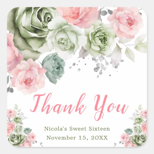 Sage Green and Pink Floral Sweet Sixteen Square Sticker