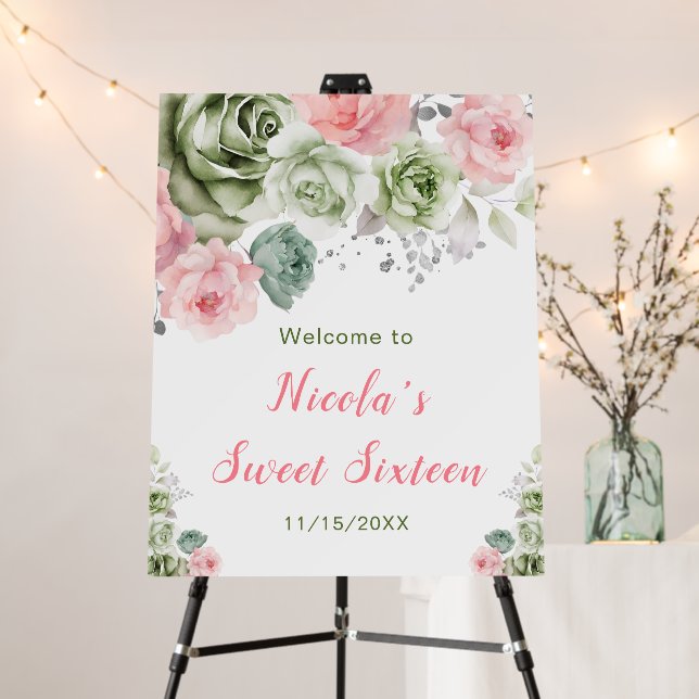 Sage Green and Pink Floral Sweet Sixteen Welcome Foam Board (In Situ (Stand))