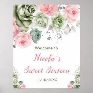 Sage Green and Pink Floral Sweet Sixteen Welcome Poster