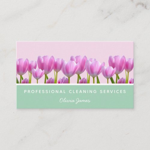Sage green and pink floral tulips cleaning service business card