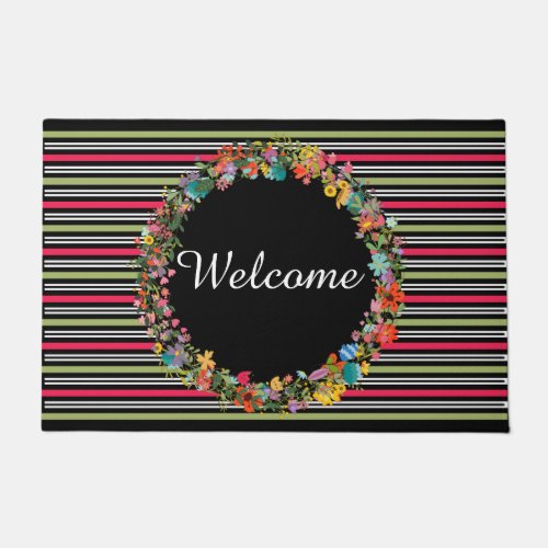 Sage Green and Pink Floral Wreath Welcome Mat