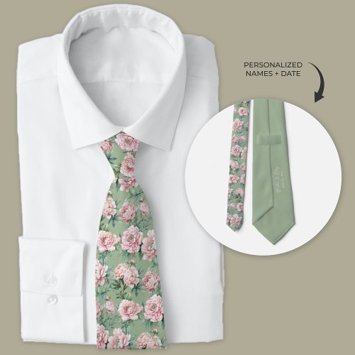 Sage Green and Pink Peony Floral Groomsmen  Neck Tie
