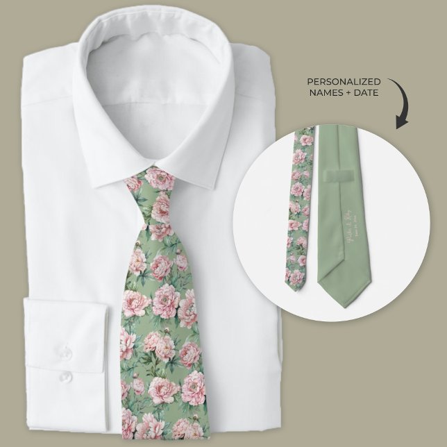 Sage Green and Pink Peony Floral Groomsmen  Neck Tie (Personalized wedding necktie, sage green and pink peonies.)
