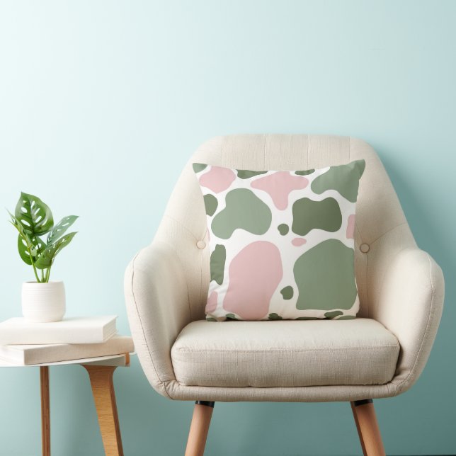 Sage Green and Pink Playful Cow Print Throw Pillow (Chair)
