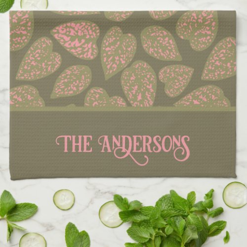 Sage Green and Pink Polka Dot Leaves Personalized Kitchen Towel