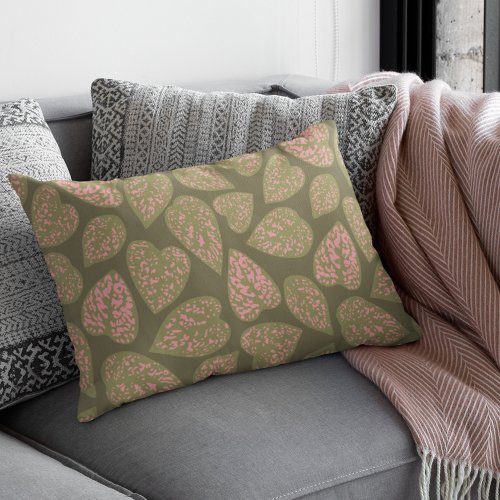 Sage Green and Pink Polka Dot Plant Leaves Lumbar Pillow