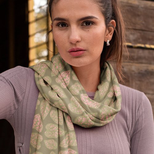 Sage Green and Pink Polka Dot Plant Leaves Scarf